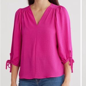 Renee C. Fuchsia V-Neck Blouse with Tie Sleeves